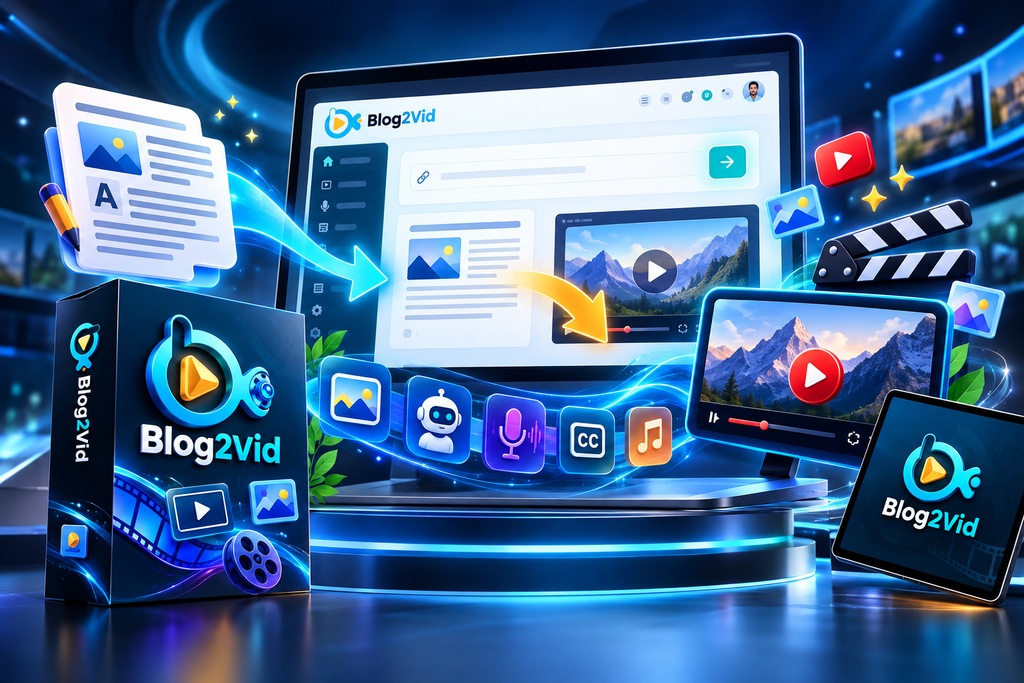 Blog2Vid AI blog-to-video software converting articles into videos with visuals, voiceovers, captions and music