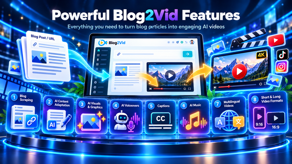 Blog2Vid features including blog scraping, AI content adaptation, visuals, voiceovers, captions, music, multilingual videos and short or long video formats