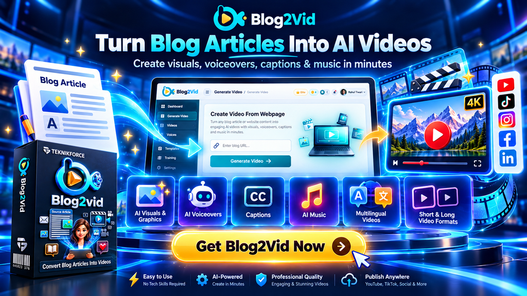 Blog2Vid final CTA showing AI blog-to-video creation with visuals, voiceovers, captions, music and multiple video formats