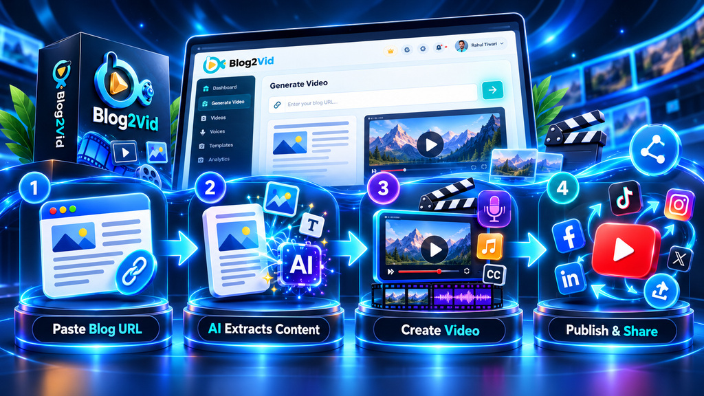 How Blog2Vid works by extracting blog content, creating an AI video, and preparing it for publishing and sharing
