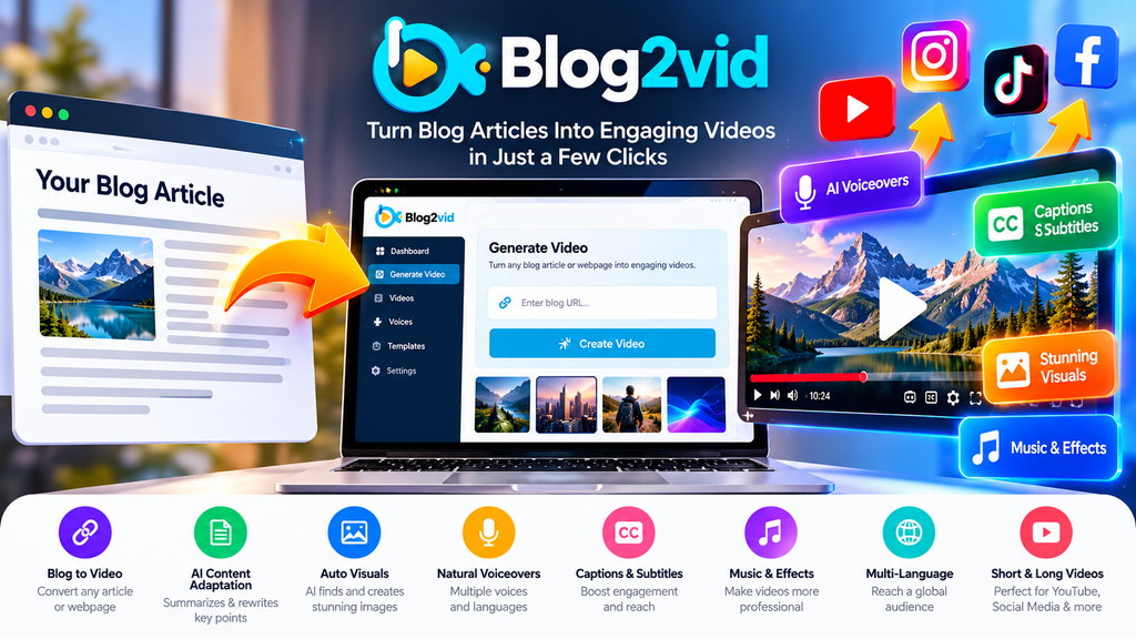 Blog2Vid official website page showing AI blog-to-video creation with voiceovers, visuals, captions, music and multilingual video features