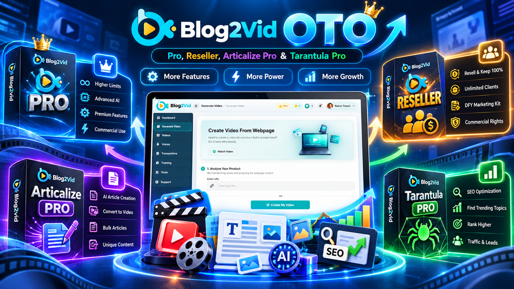 Blog2Vid OTO upgrades including Pro, Reseller, Articalize Pro and Tarantula Pro with advanced video, content and SEO features